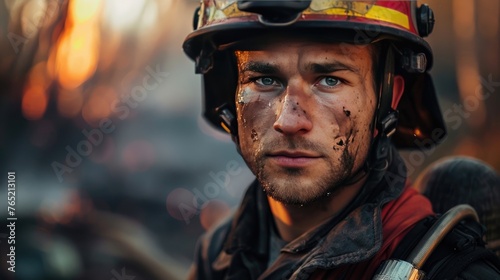 A firefighter in full gear, helmet on, looking forward with determination photo