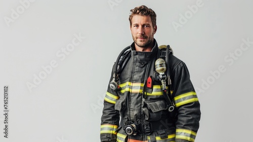 A firefighter in full gear, helmet in hand, against a clean, white background