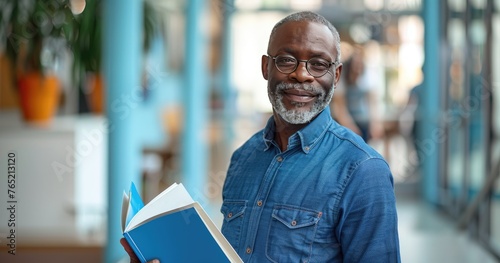 A community outreach coordinator in casual professional wear, holding informational brochures, standing in a community center, photorealistik, solid color background