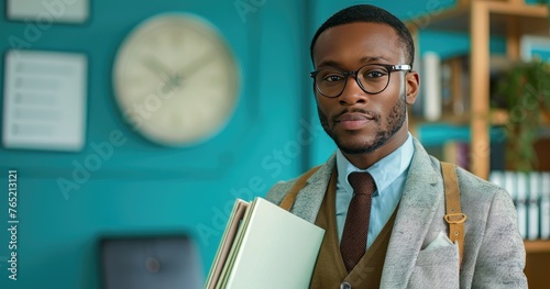 A forensic psychologist in a professional setting, holding case files, standing in an office, solid color background