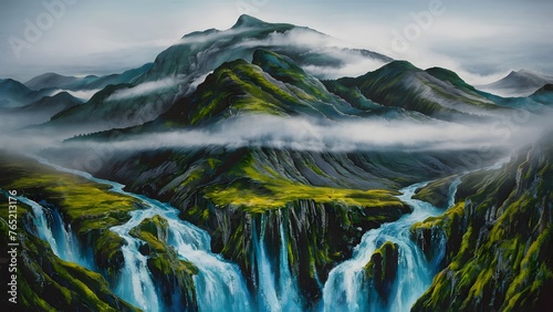 Mountain landscape with a river in the foreground. Ai generative © Zyariss