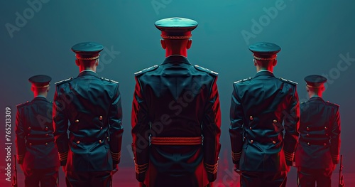A military drill team member in ceremonial uniform, performing drills, at a ceremony, photorealistik, solid color background