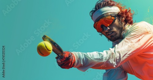 A jai alai player in sportive uniform, catching a ball, in a fronton, photorealistik, solid color background photo