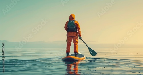 A paddleboard instructor in water sports gear, teaching a class, on calm waters, photorealistik, solid color background © Gefo