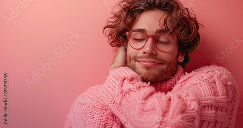 A professional cuddler in a comfortable setting, demonstrating a cuddling posture, solid color background