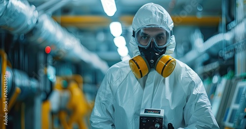 A nuclear scientist in protective lab wear, holding a Geiger counter, standing in a research facility, photorealistik, solid color background photo