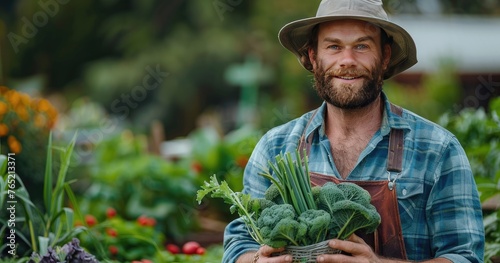 An urban farmer in casual gardening attire, holding organic produce, standing in a city rooftop garden, photorealistik, solid color background