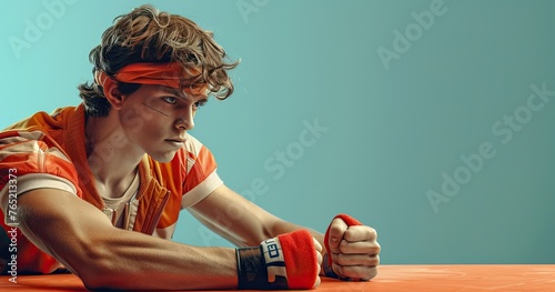 A competitive arm wrestler in match attire, competing at an arm wrestling table, photorealistik, solid color background photo