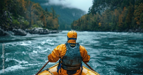 A river guide in water safety gear, navigating a raft, on a rapid river, photorealistik, solid color background © Gefo