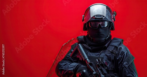 A SWAT team member in tactical uniform, holding a shield, in a tactical operation, photorealistik, solid color background