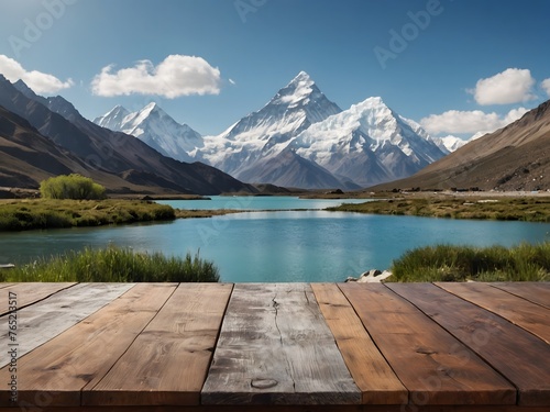 wooden table with beautiful mountain and lake background, ai generative