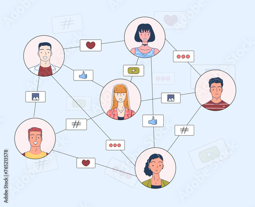 Social networking simple. Men and women communicate in social networks and messengers. Avatars of users with link connections. Doodle flat vector illustration isolated on blue background