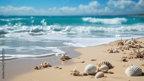 tropical beach with white sand, sea shells and blue sky background