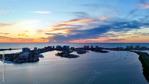 A drone view of Clearwater Beach and the sunset.