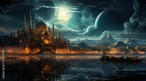 Fantasy landscape with fantasy castles and moon photo