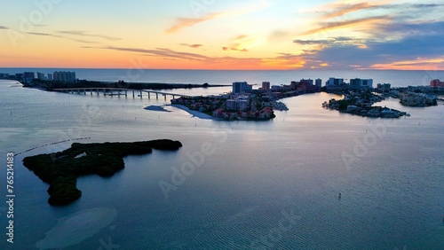 A drone photo of the unset looking at Clearwater Beach, Florida