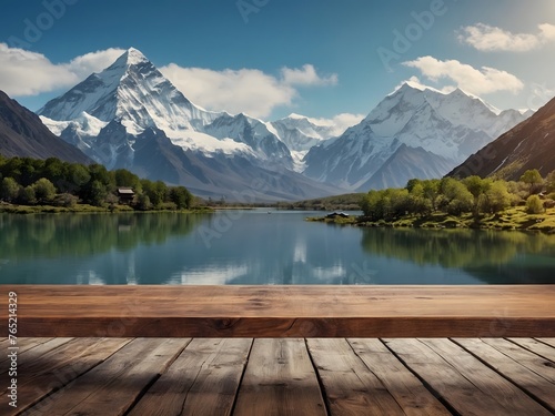 wooden table with beautiful mountain and lake background, ai generative © Zyariss