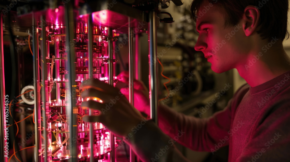 A technician meticulously fine-tunes sophisticated machinery in a lab illuminated by vibrant pink neon light A technician meticulously fine-tunes sophisticated machinery in a lab illuminated by vibrant pink neon light