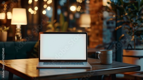 laptop with white screen in a beautiful cafe in high resolution and high quality HD © Marco