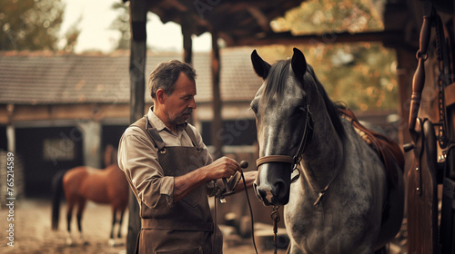 A seasoned blacksmith in a leather apron attentively grooms a dappled grey horse with a hoof pick near a workbench in a serene stable setting. © tjshot