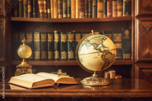 Old geographical globe and map and old book in cabinet. Science, education, travel background. History and geography team. Ancience, antique globe on the background of old map - generative ai photo