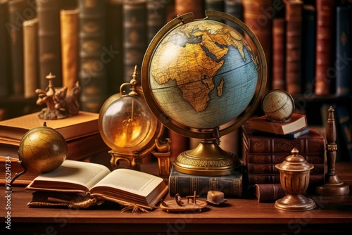 Old geographical globe and map and old book in cabinet. Science, education, travel background. History and geography team. Ancience, antique globe on the background of old map - generative ai photo