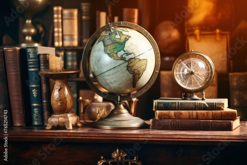 Old geographical globe and map and old book in cabinet. Science, education, travel background. History and geography team. Ancience, antique globe on the background of old map - generative ai photo