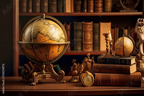 Old geographical globe and map and old book in cabinet. Science, education, travel background. History and geography team. Ancience, antique globe on the background of old map - generative ai photo