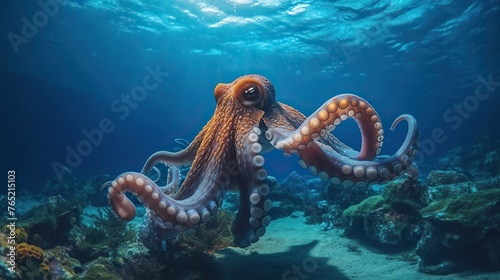 Giant octopus swimming in the clear ocean water