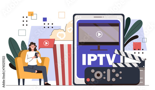 Television iptv concept. Internet protocol and multimedia. Interesting content at tv screen. Movie and series on internet for users. Entertainment and leisure. Cartoon flat vector illustration