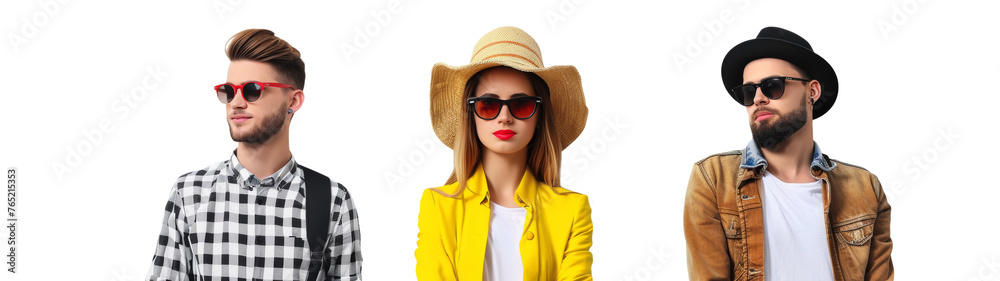 Three hip and stylish individuals wearing different sunglasses and fashionable outfits Three hip and stylish individuals wearing different sunglasses and fashionable outfits