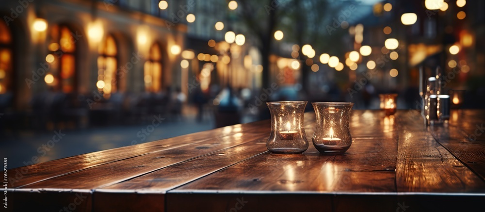 Wooden table with burning candles and bokeh in the background