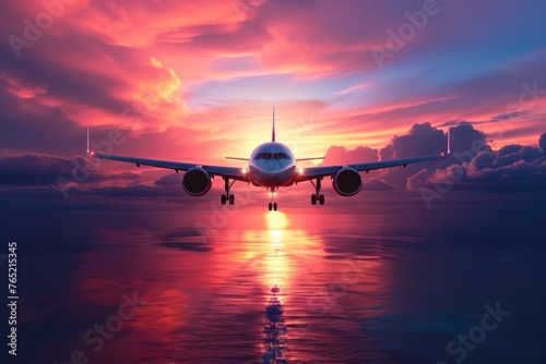 Passenger airplane flying over colorful sunset landing at dusk.