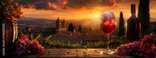 Glass of fresh chilled ice red or rose wine with grapes, bottle and barrel on a sunny background. Italy during a summer sunset. Drink for party, wine shop or wine tasting concept with copy space