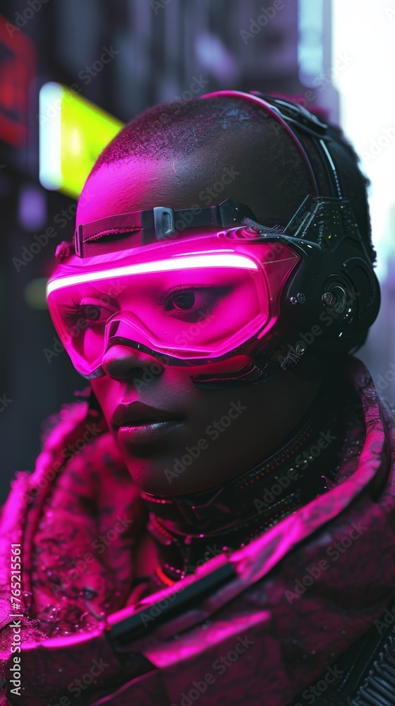 Striking cyberpunk portrait of a woman with vivid pink visor, detailed with futuristic headset and atmospheric neon lighting Striking cyberpunk portrait of a woman with vivid pink visor, detailed with futuristic headset and atmospheric neon lighting