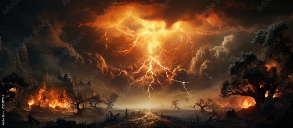 Fantasy landscape with fire and lightning.