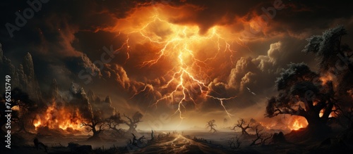 Fantasy landscape with fire and lightning.