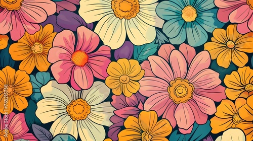 Retro vibes bloom in this HD-captured vintage 70s style floral artwork  embodying a groovy and colorful pastel nostalgia. Seamless vector background. 