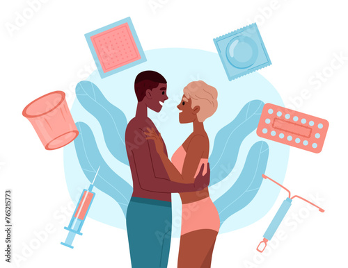 Types of contraception concept. Man and woman near condoms and pills. Fertility and female and male reproductive system. Anatomy and biology. Love and romance. Cartoon flat vector illustration