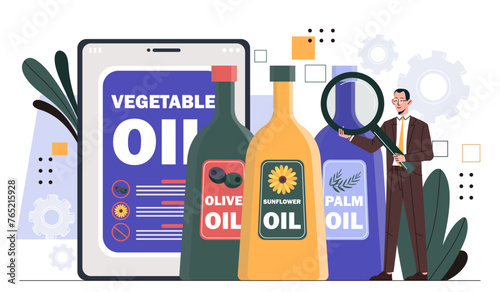 Man with vegetable oil. Man with magnifying glass near bottles with biofuel and chemical barrels and flasks. Care about ecology, nature and environment. Cartoon flat vector illustration