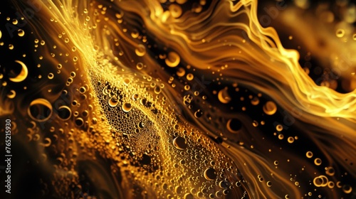 An abstract close-up of golden swirls, resembling liquid gold with effervescent bubbles and dynamic fluidity, suitable for luxury backgrounds