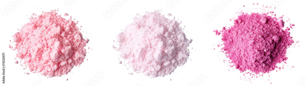 Image presents three heaps of cosmetic powder in shades of pink illustrating a gradient of makeup pigment variations Image presents three heaps of cosmetic powder in shades of pink illustrating a gradient of makeup pigment variations