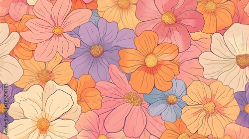 Retro vibes bloom in this HD-captured vintage 70s style floral artwork  embodying a groovy and colorful pastel nostalgia. Seamless vector background. 