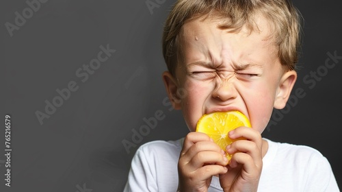 Funny cute boy biting a piece of fresh lemon and feeling the sour of the fruit isolated on gray background, funny kid portrait. photo