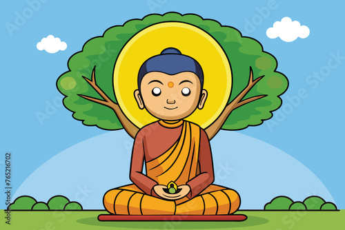 Vector illustration of Siddhartha Gautama enlightened under Bodhi tree, enlightenment of the Buddha under the Bodhi tree
