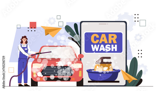Woman washing automobile. Young girl with watering hose near auto. Carservice worker with hygiene and cleanliness. Brush with soap. Cartoon flat vector illustration isolated on white background
