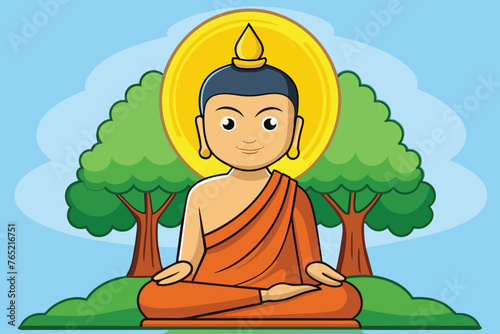 Vector illustration of Siddhartha Gautama enlightened under Bodhi tree, enlightenment of the Buddha under the Bodhi tree
