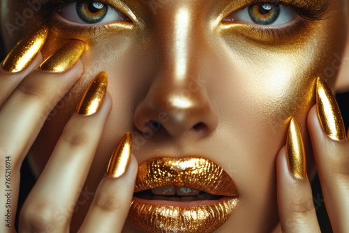 Beautiful girl with the Golden makeup and gold metal nails. Fashion woman Portrait
