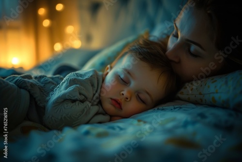 Woman and Baby Sleeping Peacefully in Bed at Night with Soft Illuminated Lights in the Background