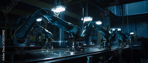 Robotic arms are working in factory